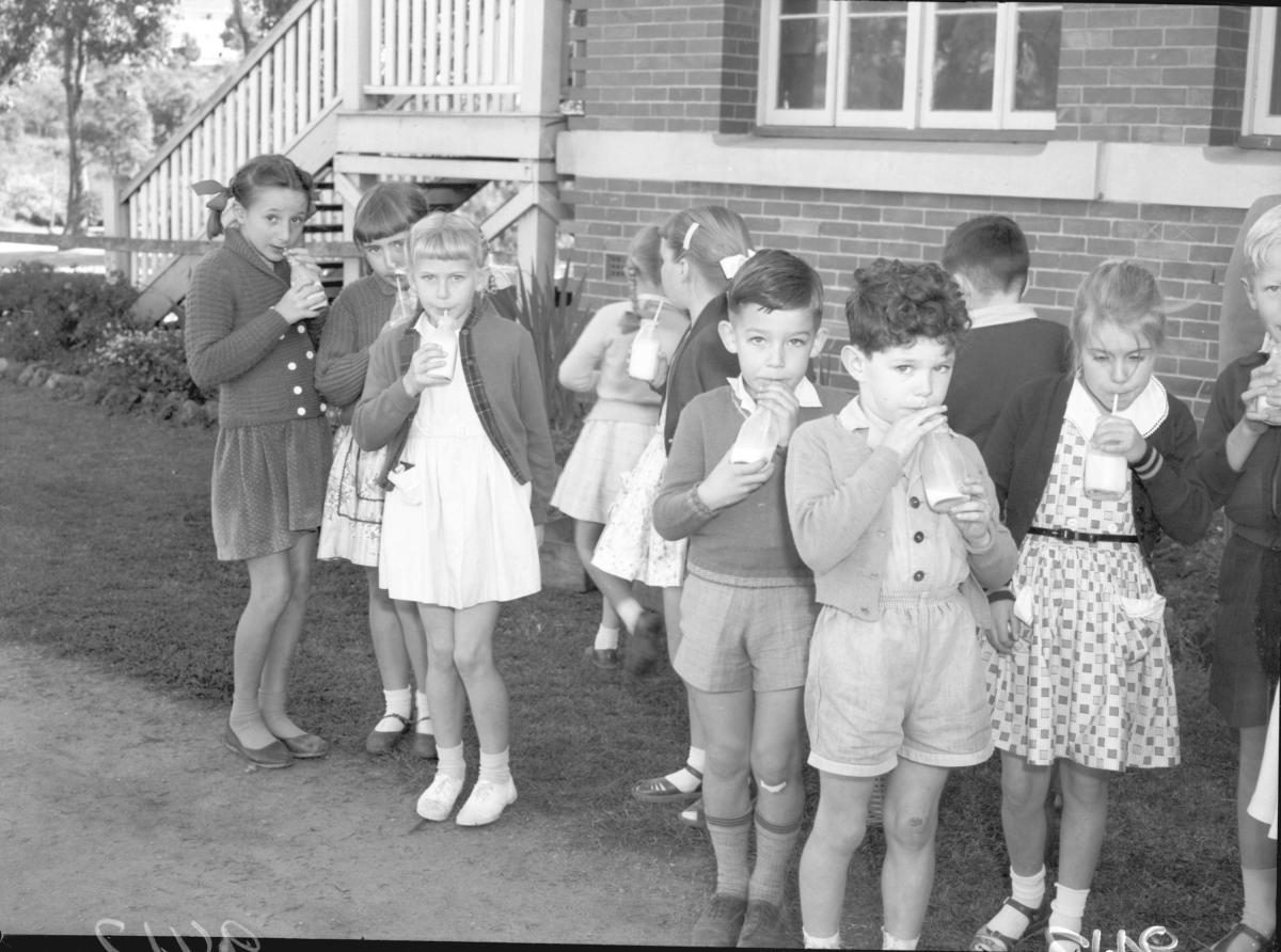 Free school milk distribution at Newmarket State School, Brisbane City, July 1958