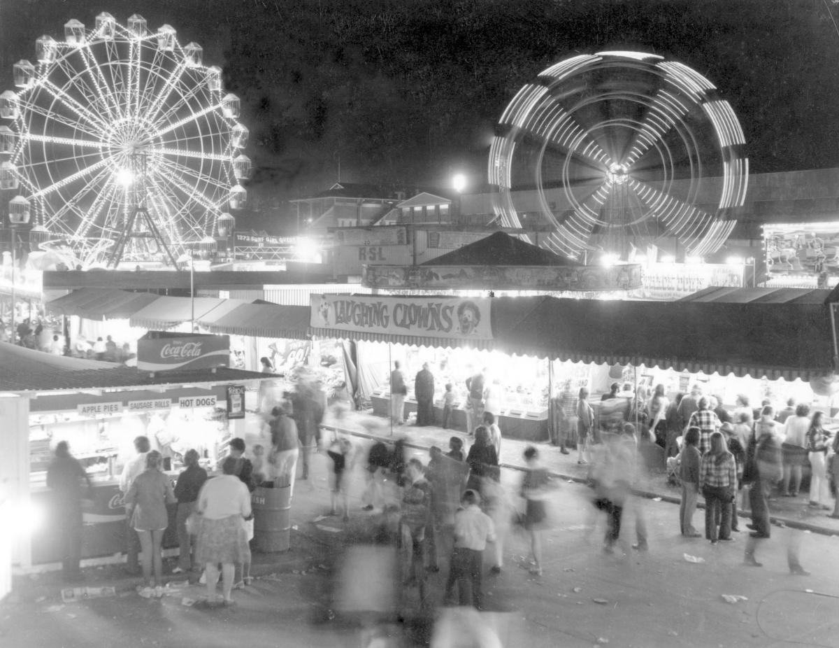 Sideshow area at the Royal National Show, Brisbane, August 1972