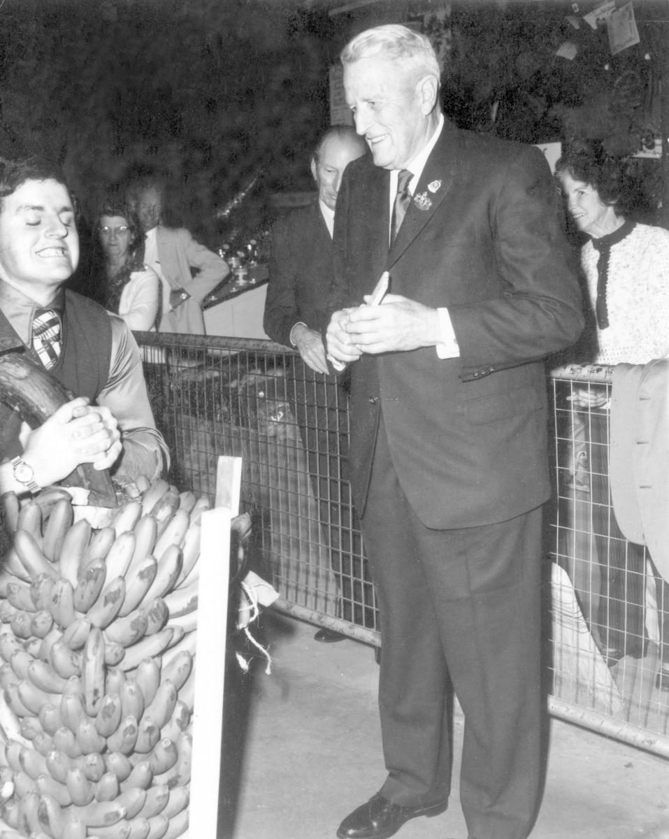 Banana lifting contest judged by Sir Francis Nicklin at the Royal National Show, Brisbane, August 1972