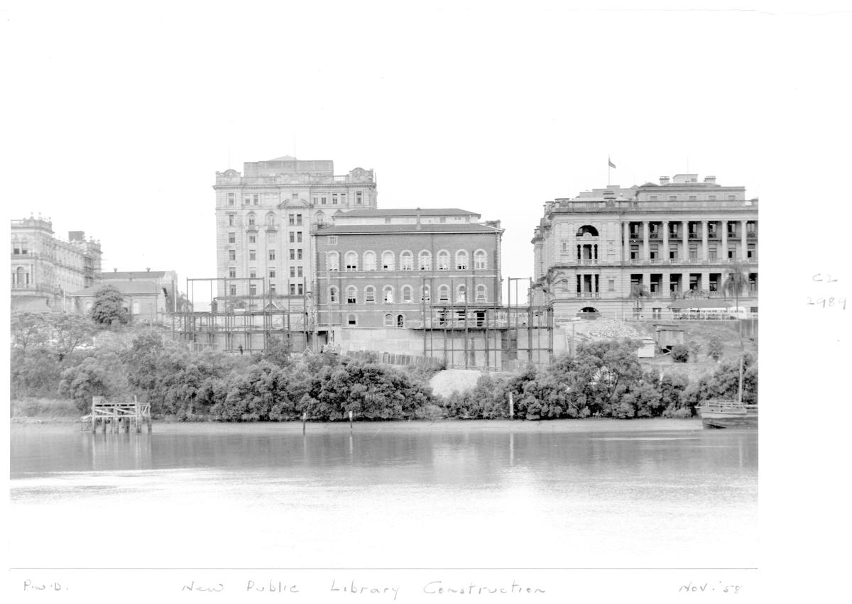 Construction of extensions to the State Library of Queensland on William St - Brisbane, November 1958