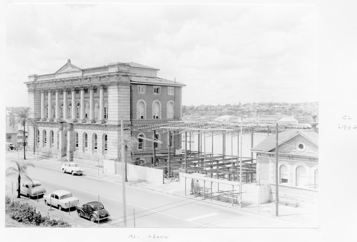 Construction of extensions to the State Library of Queensland on William St - Brisbane, December 1958