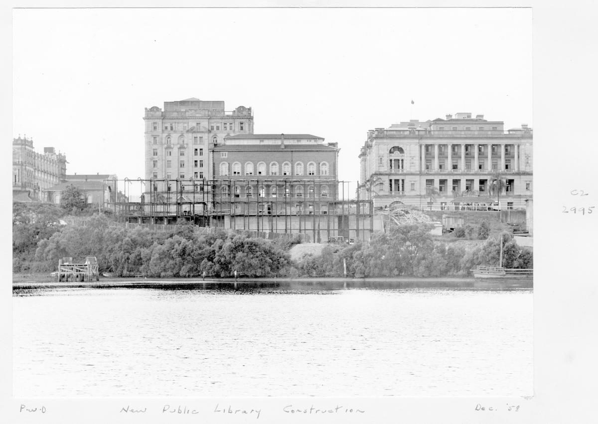 Construction of extensions to the State Library of Queensland on William St - Brisbane, December 1958