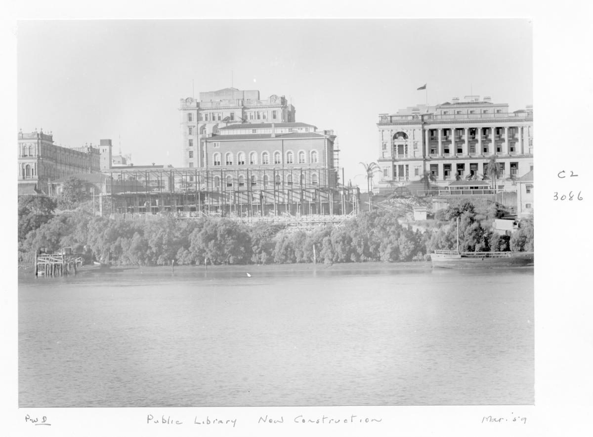 Construction of extensions to the State Library of Queensland on William St - Brisbane, March 1959