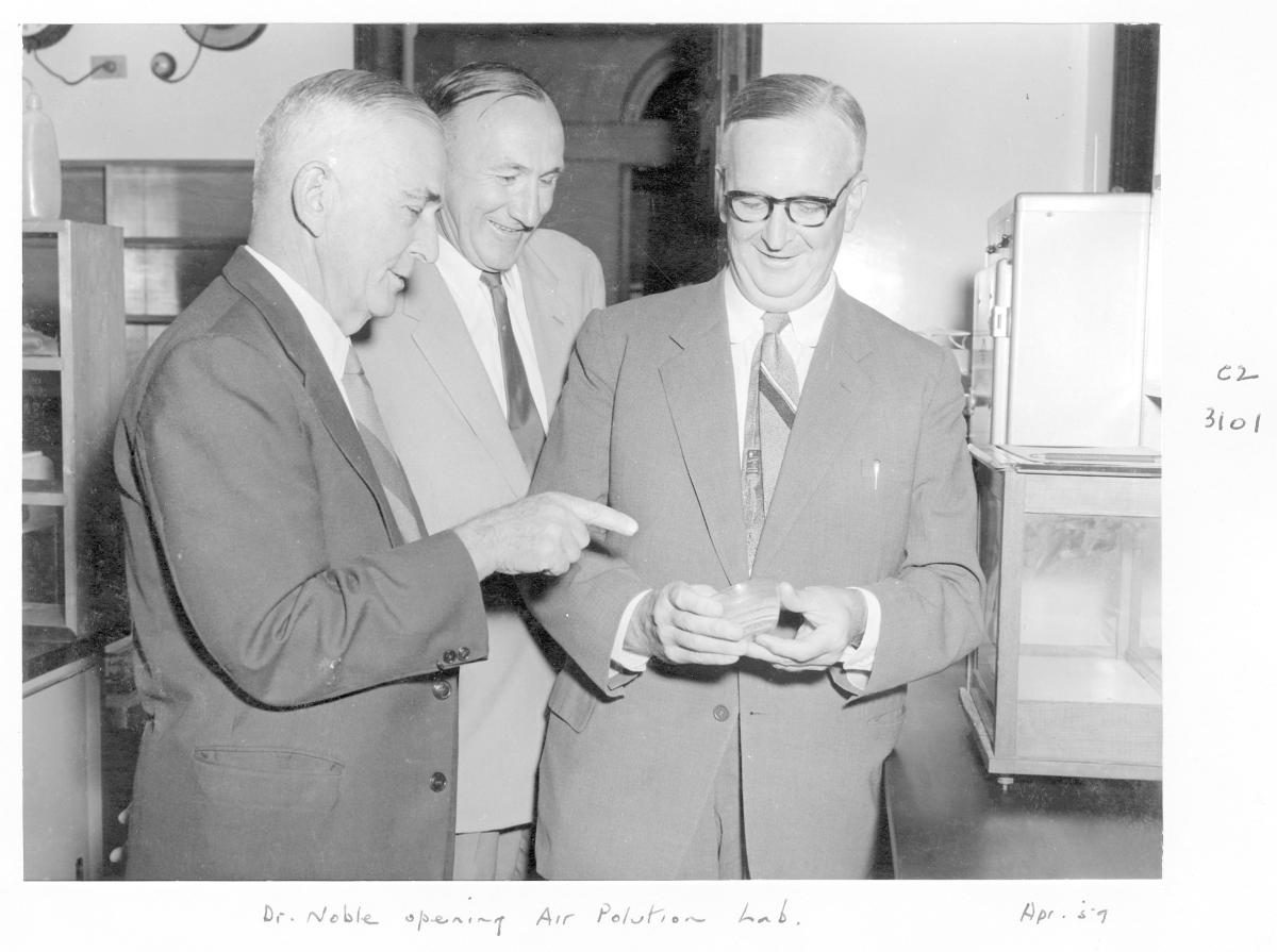 Dr Noble opening the air pollution testing laboratory at University of Queensland, George Street, Brisbane, April 1959