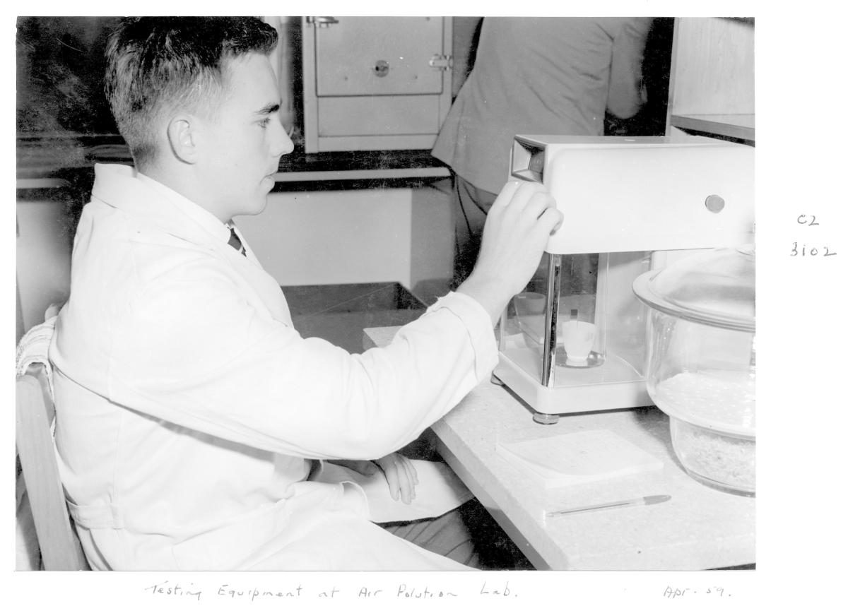 Testing equipment at the air pollution testing laboratory at University of Queensland, George Street, Brisbane, April 1959