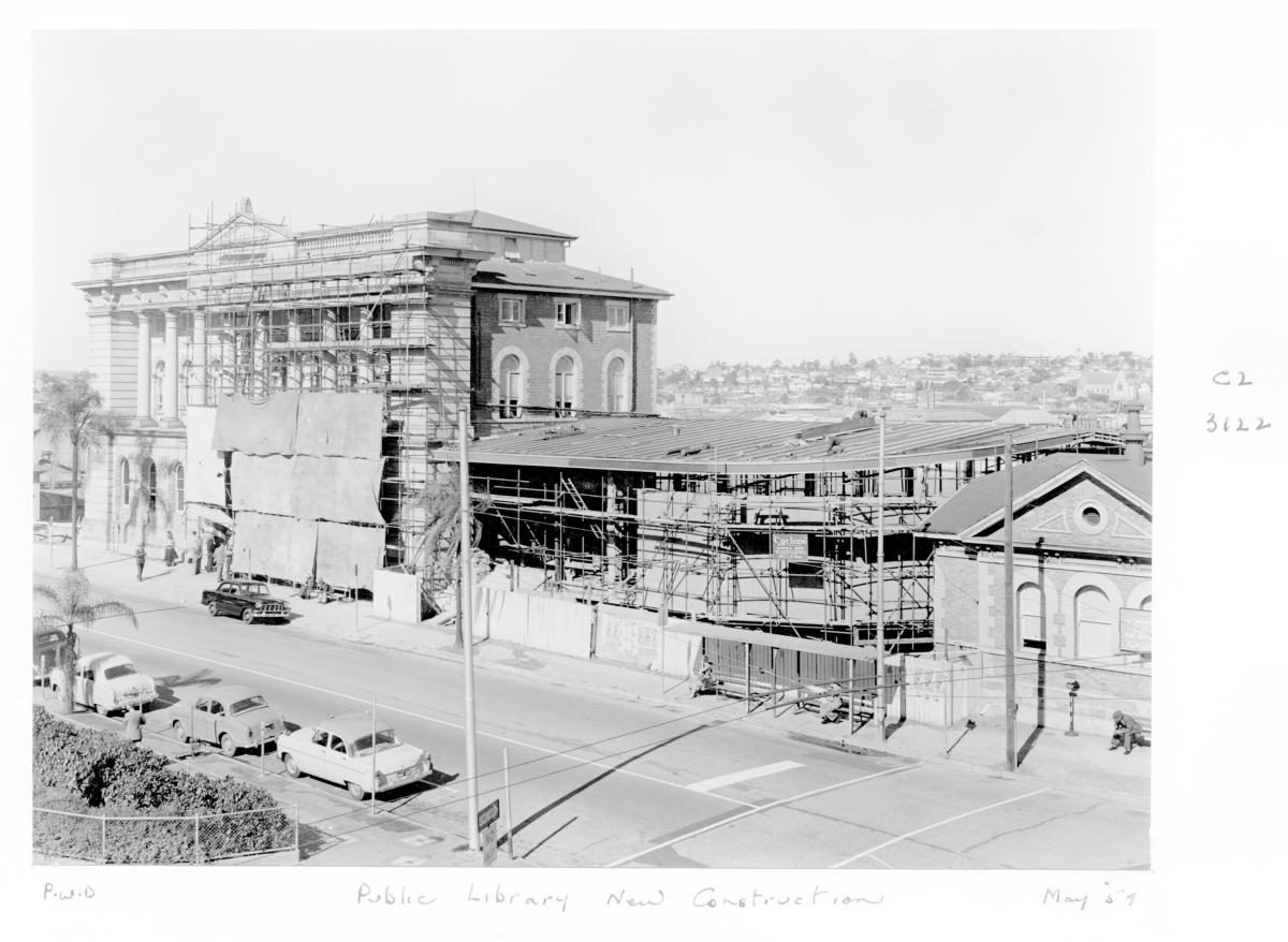 Construction of extensions to the State Library of Queensland on William St - Brisbane, May 1959