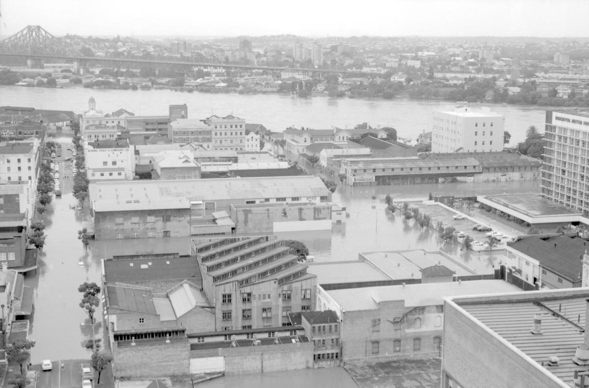 Aerial view of Brisbane City during the 1974 flood, January 1974