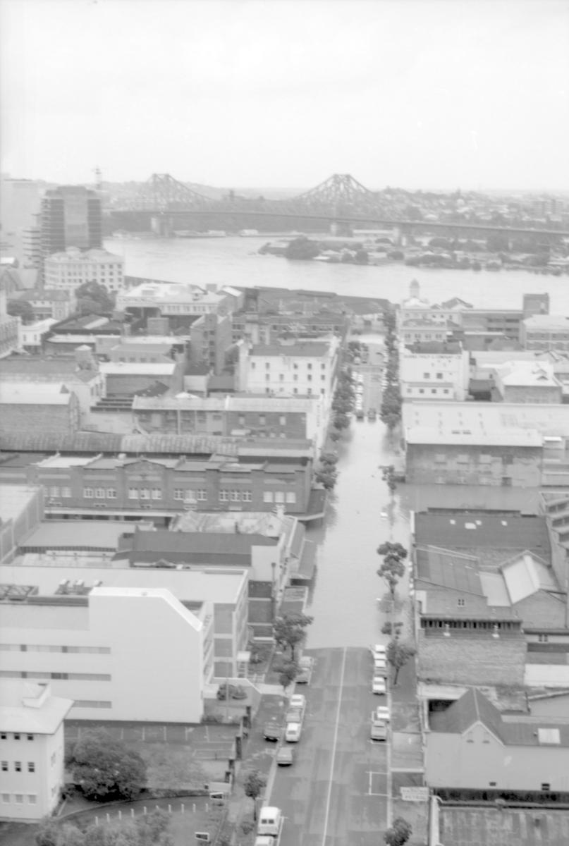 Aerial view of Brisbane City during the 1974 flood, January 1974