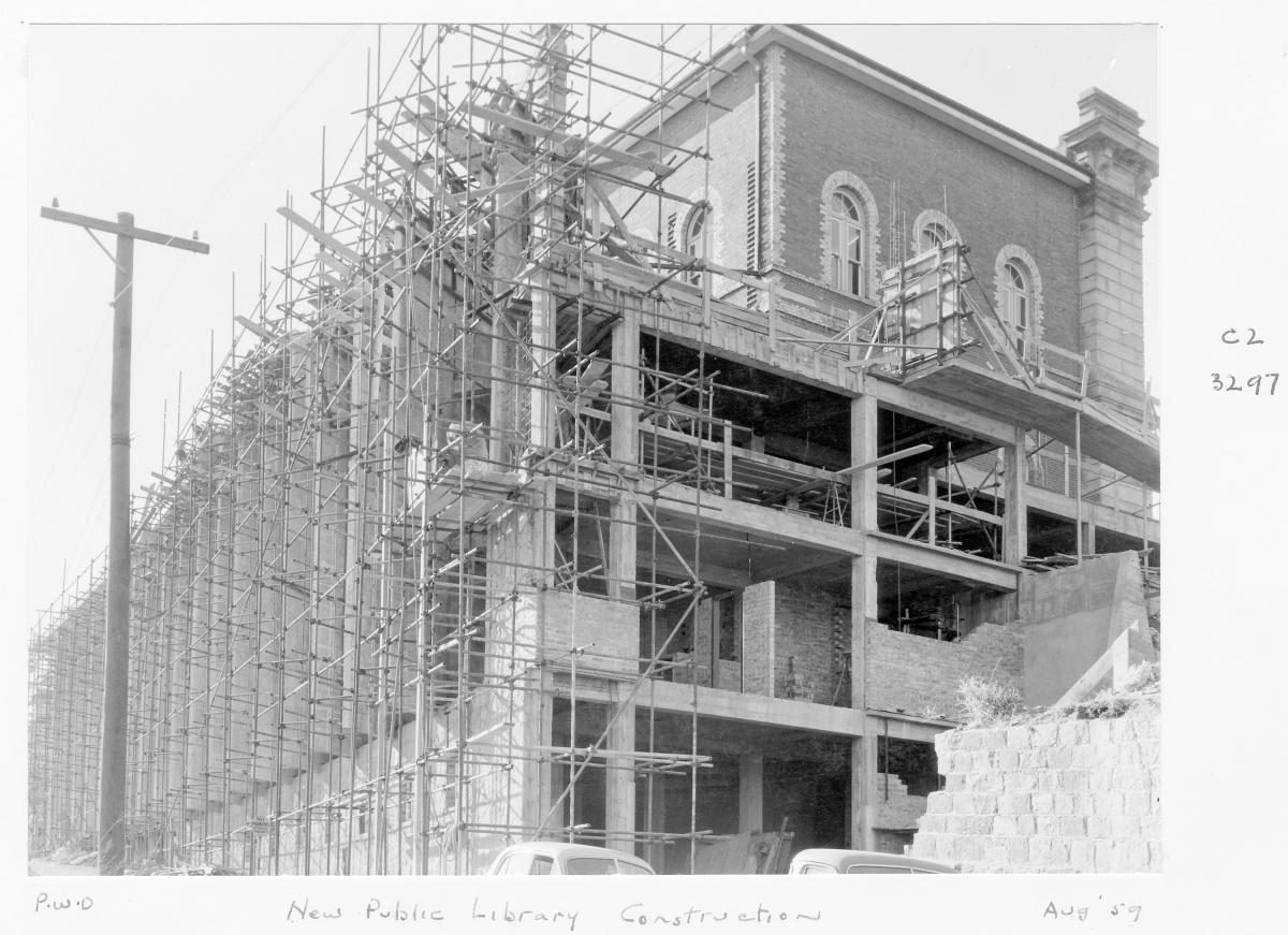 Construction of extensions to the State Library of Queensland on William St - Brisbane, August 1959