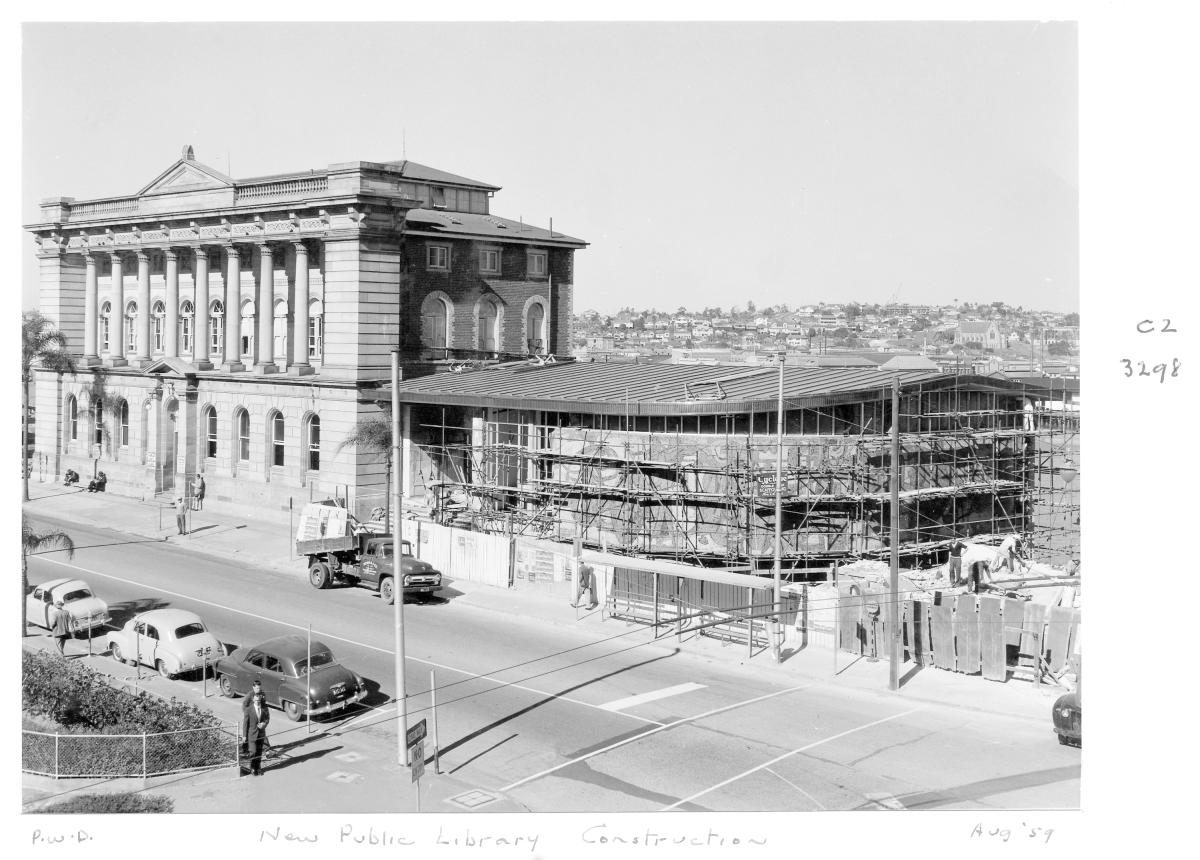 Construction of Centennial Hall, an extension to the State Library of Queensland on William St - Brisbane, August 1959