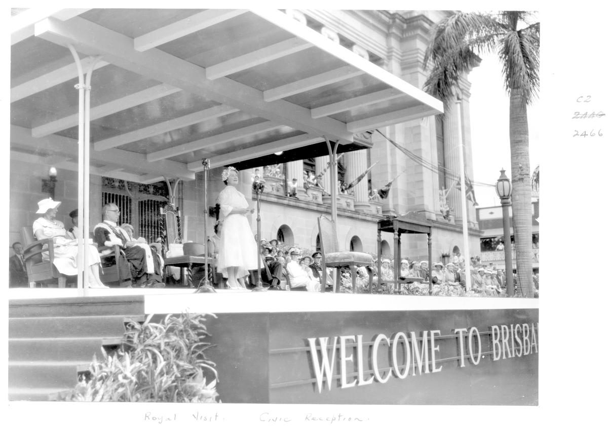Her Majesty Queen Elizabeth The Queen Mother speaking at Civic reception, Brisbane City, February 1958