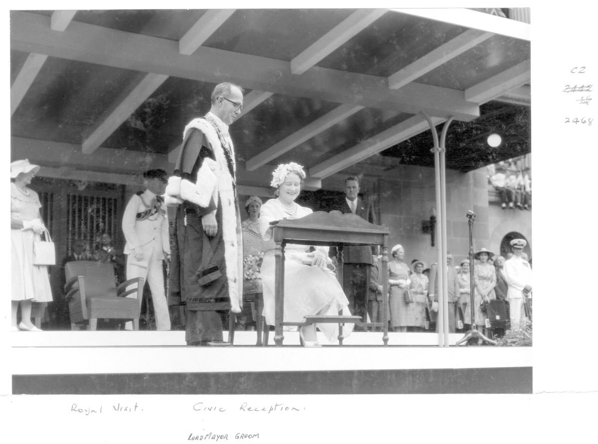 Her Majesty Queen Elizabeth The Queen Mother and Lord Mayor Groom at civic reception, Brisbane, February 1958