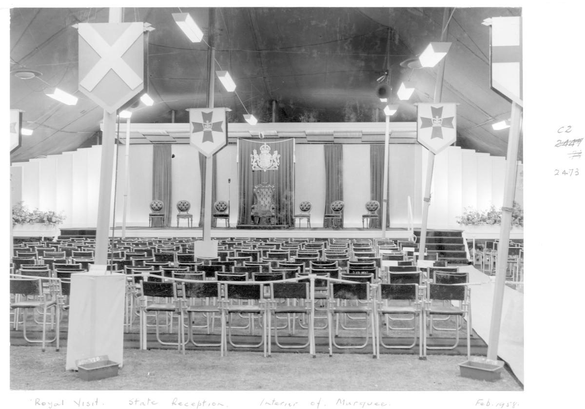 Interior of the Marquee at the state reception - Royal Visit, Brisbane, February 1958
