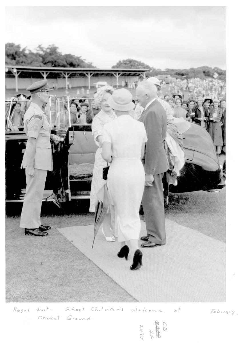 School children's welcome for Her Majesty Queen Elizabeth The Queen Mother, Brisbane Cricket Ground, February 1958