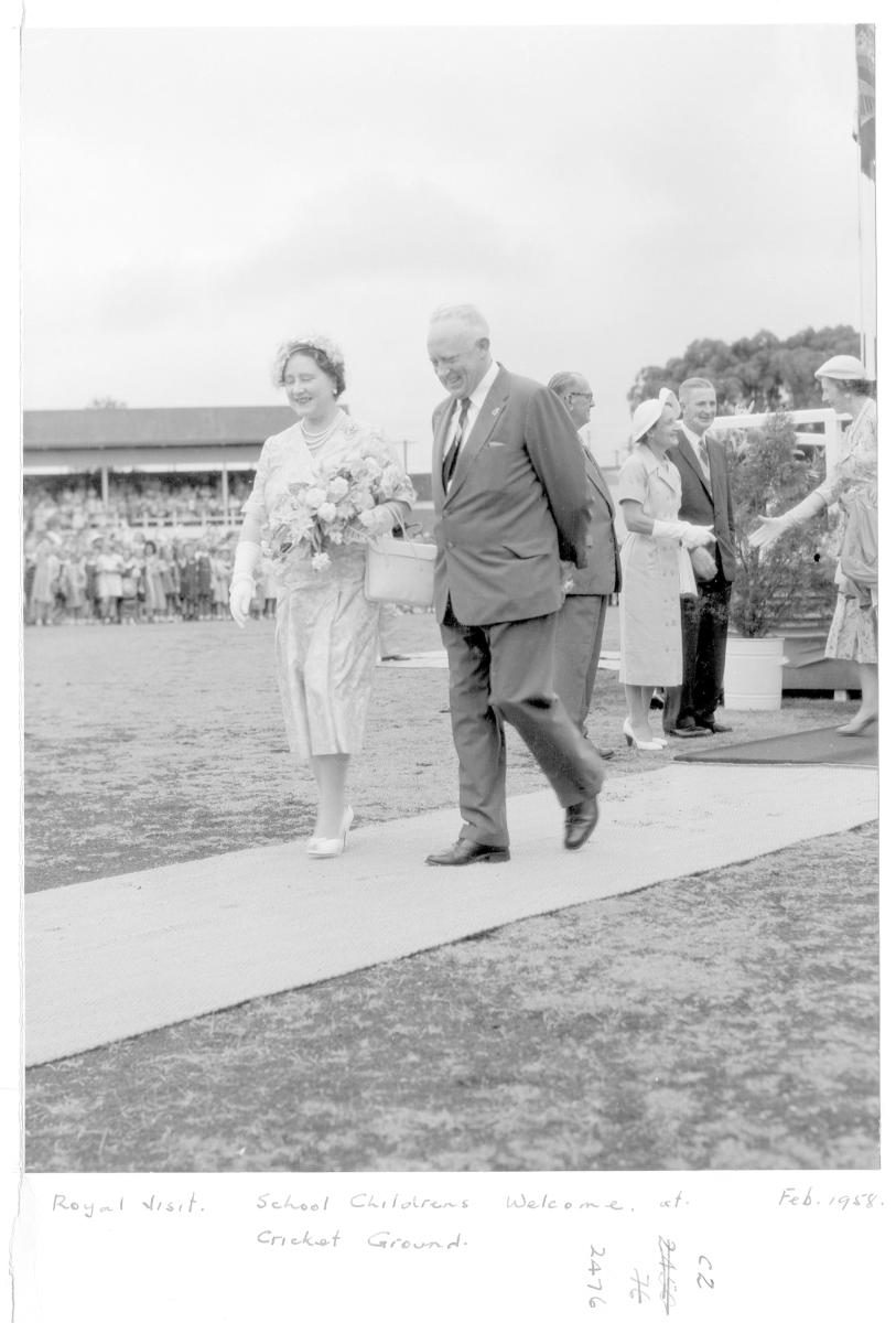 School children's welcome for Her Majesty Queen Elizabeth The Queen Mother, Brisbane Cricket Ground, February 1958