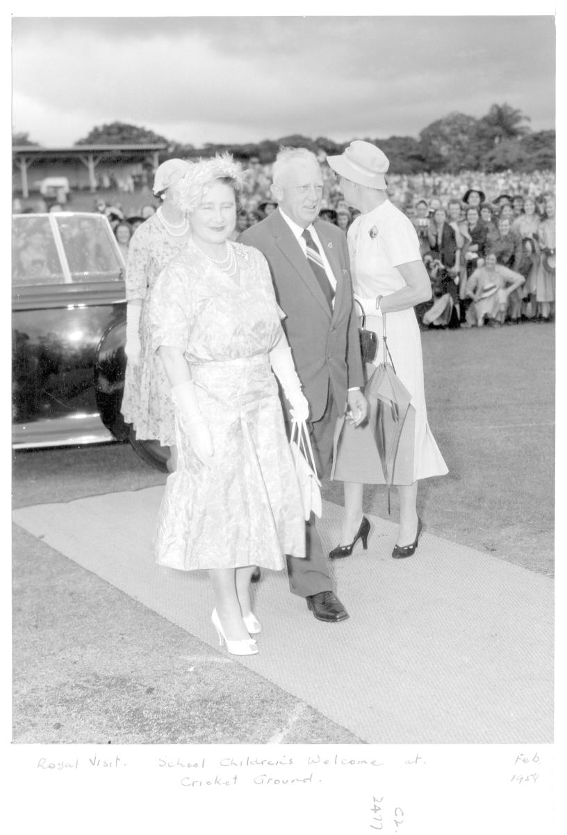 School children's welcome for Her Majesty Queen Elizabeth The Queen Mother, Brisbane Cricket Ground, February 1958