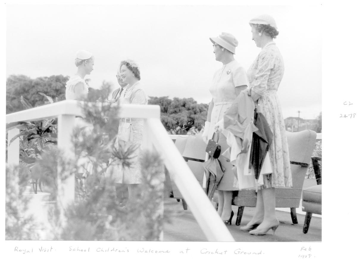 School children's welcome for Her Majesty Queen Elizabeth The Queen Mother, Brisbane Cricket Ground, February 1958