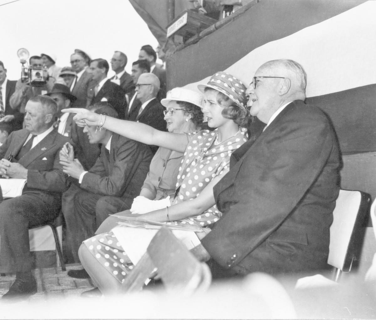 Princess Alexandra watching wood chop events at the Royal National Show, Brisbane, 21 August 1959