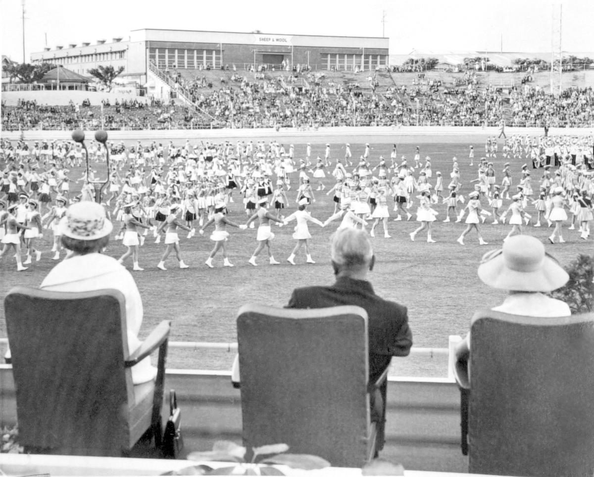 Princess Alexandra watching a youth rally at the exhibition grounds, Brisbane, 6 September 1959