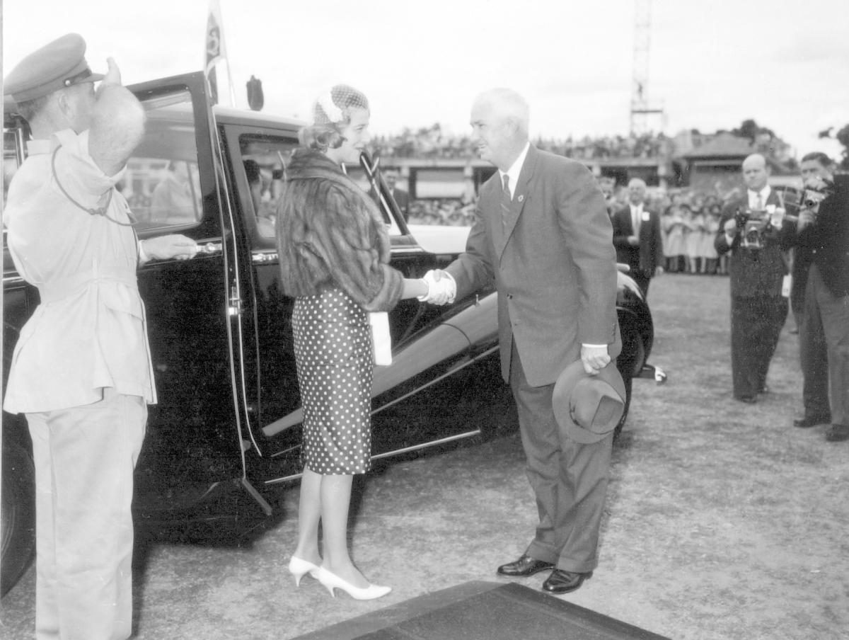 HRH Princess Alexandra and Hon Jack Pizzey at the school children's welcome, Exhibition Grounds, Brisbane, 8 September 1959