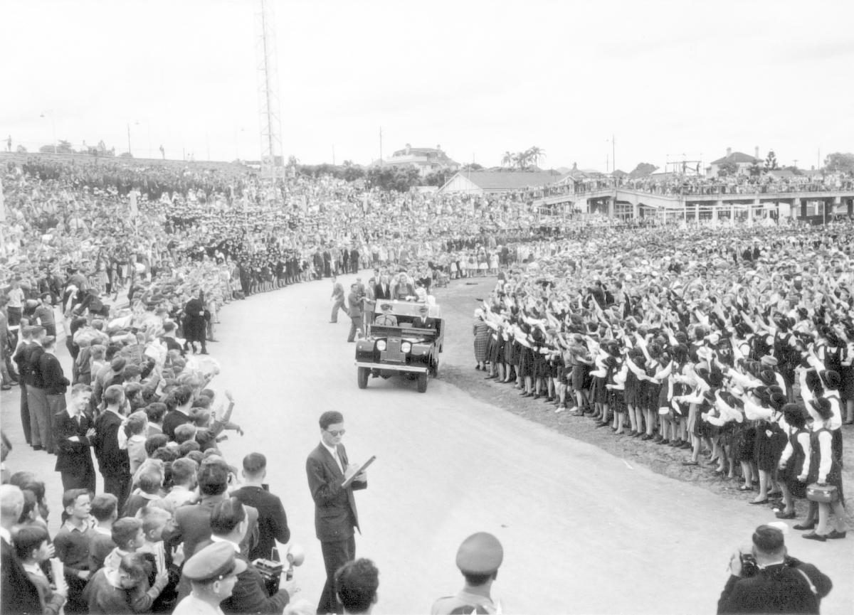 HRH Princess Alexandra at the school children's welcome, Exhibition Grounds, Brisbane, 8 September 1959