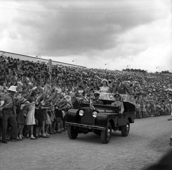 Her Majesty Queen Elizabeth II and HRH The Duke of Edinburgh at the children's welcome, Brisbane Cricket Ground, 7 March 1963