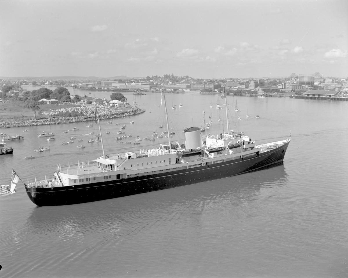 Royal Yacht Britannia at Hamilton Reach, Brisbane River, 6 March 1963