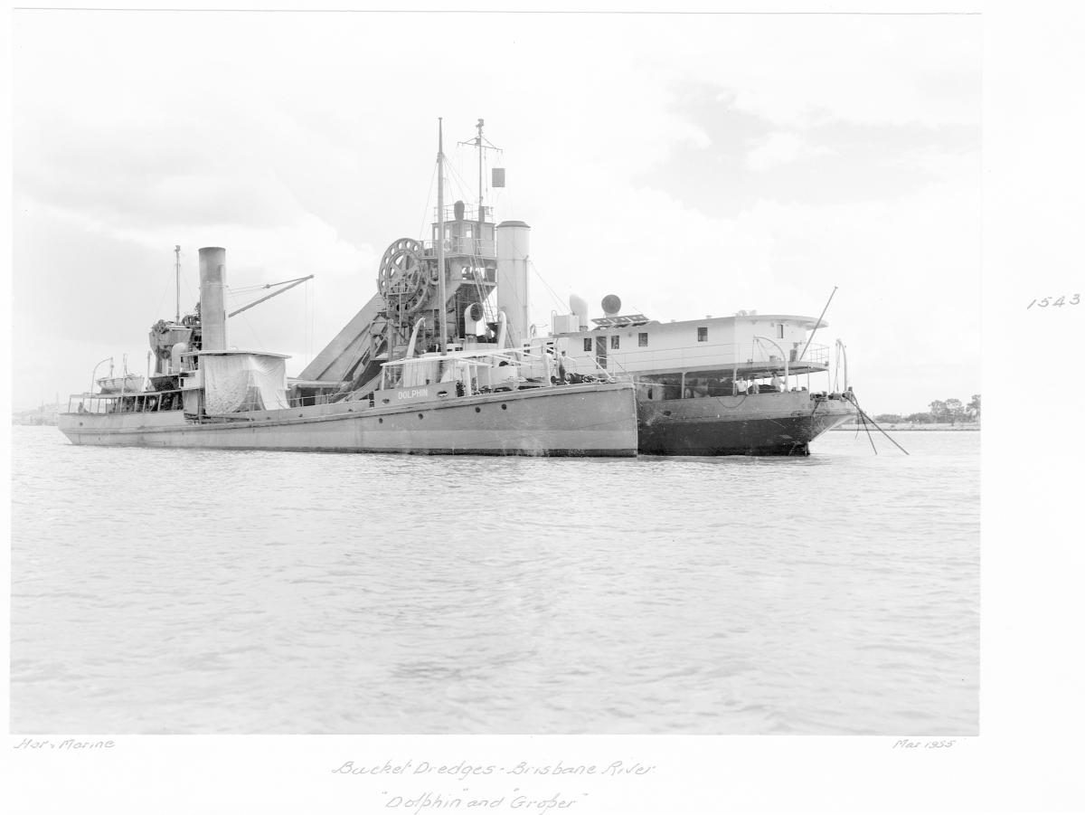 Bucket dredges "Dolphin" and "Groper", Brisbane River - March 1955