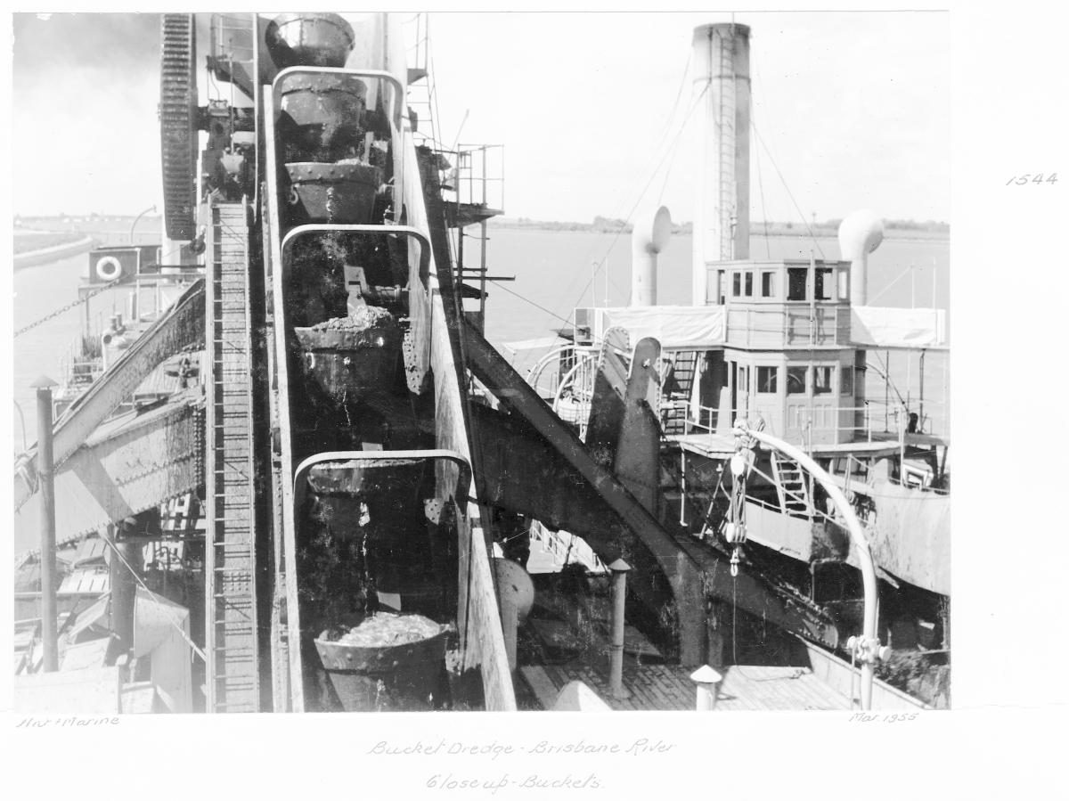 Bucket dredge, close up of buckets, Brisbane River - March 1955