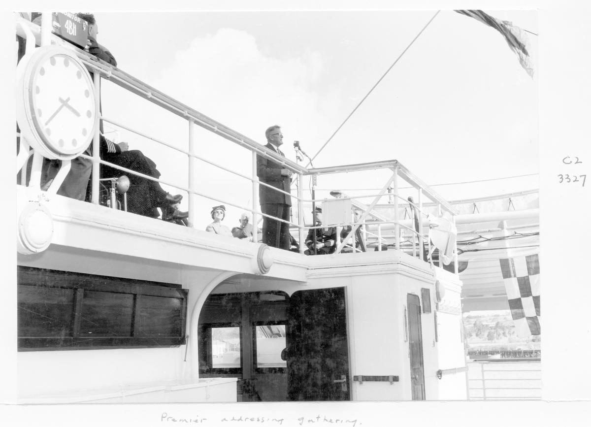 1959 Centenary celebrations - Migrant ship "Orion", Premier Frank Nicklin addressing gathering - Brisbane, August 1959