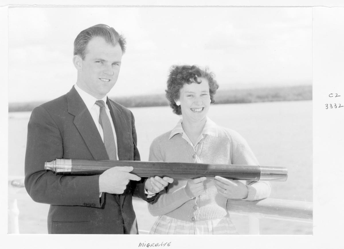 1959 Centenary celebrations - Migrant ship "Orion", migrants with gift of telescope to be presented to His Excellency the Governor of Queensland, Sir Henry Abel Smith - Brisbane, August 1959