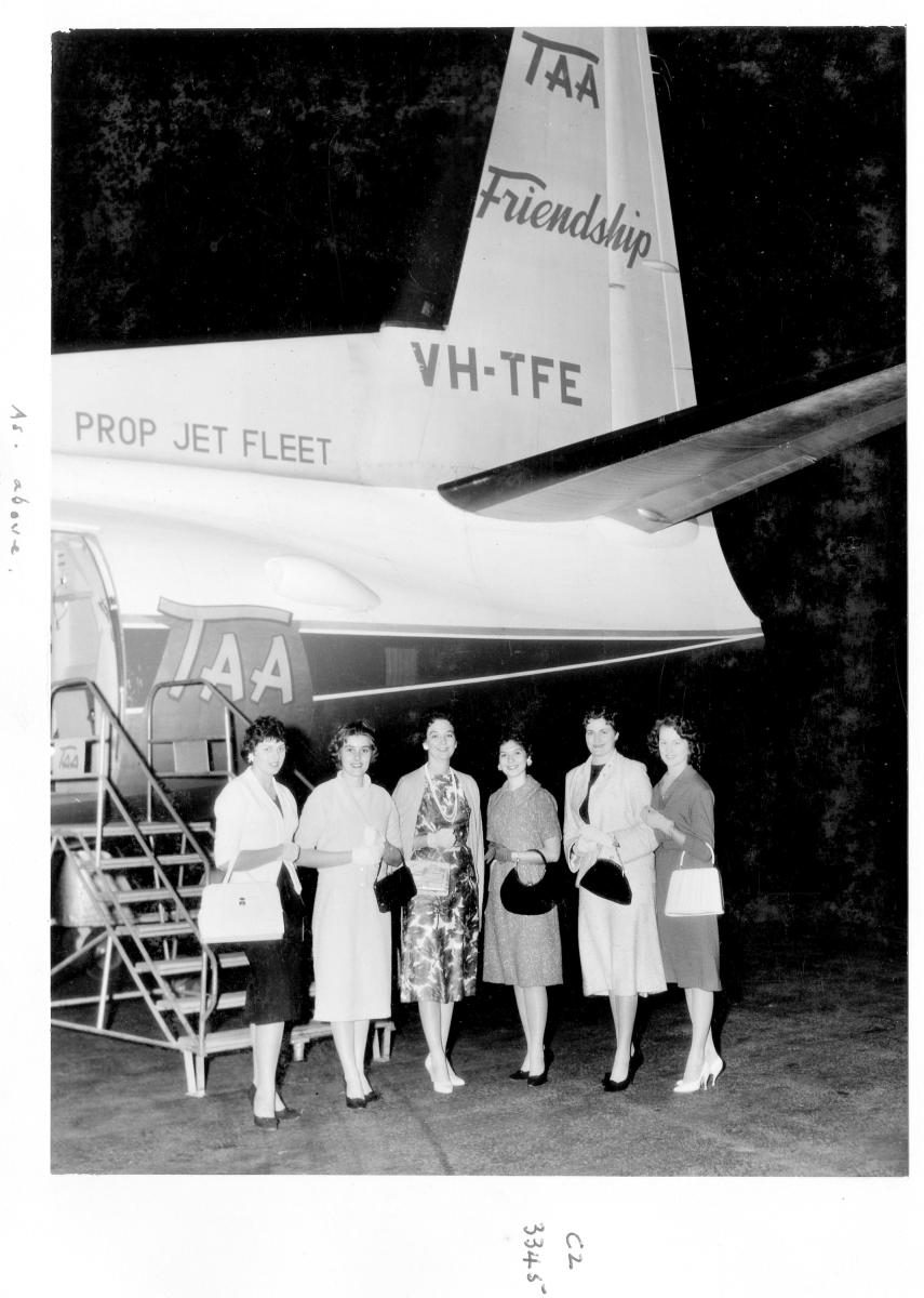 Miss Traffic Safety Quest - Entrants arriving at Eagle Farm Airport - Brisbane, August 1959