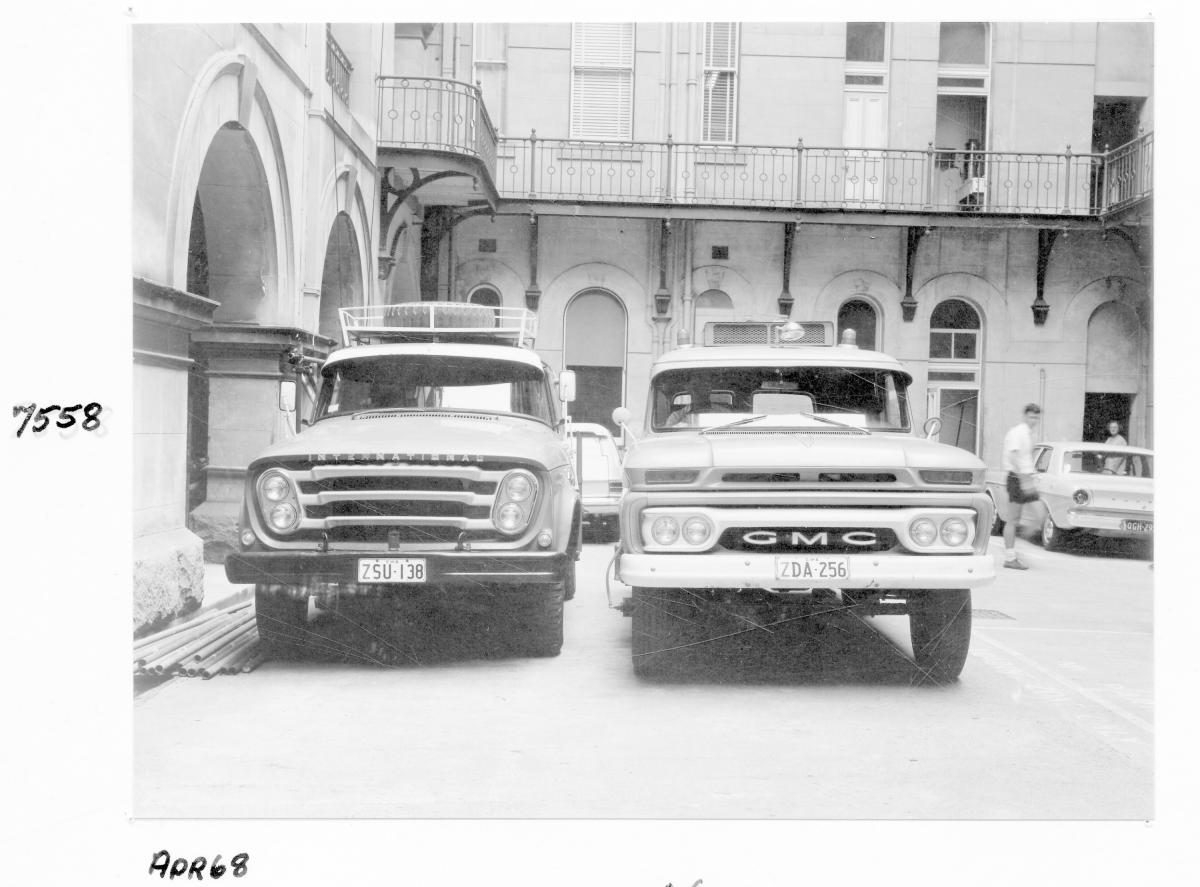 Trucks at the Law Courts building, Brisbane, April 1968