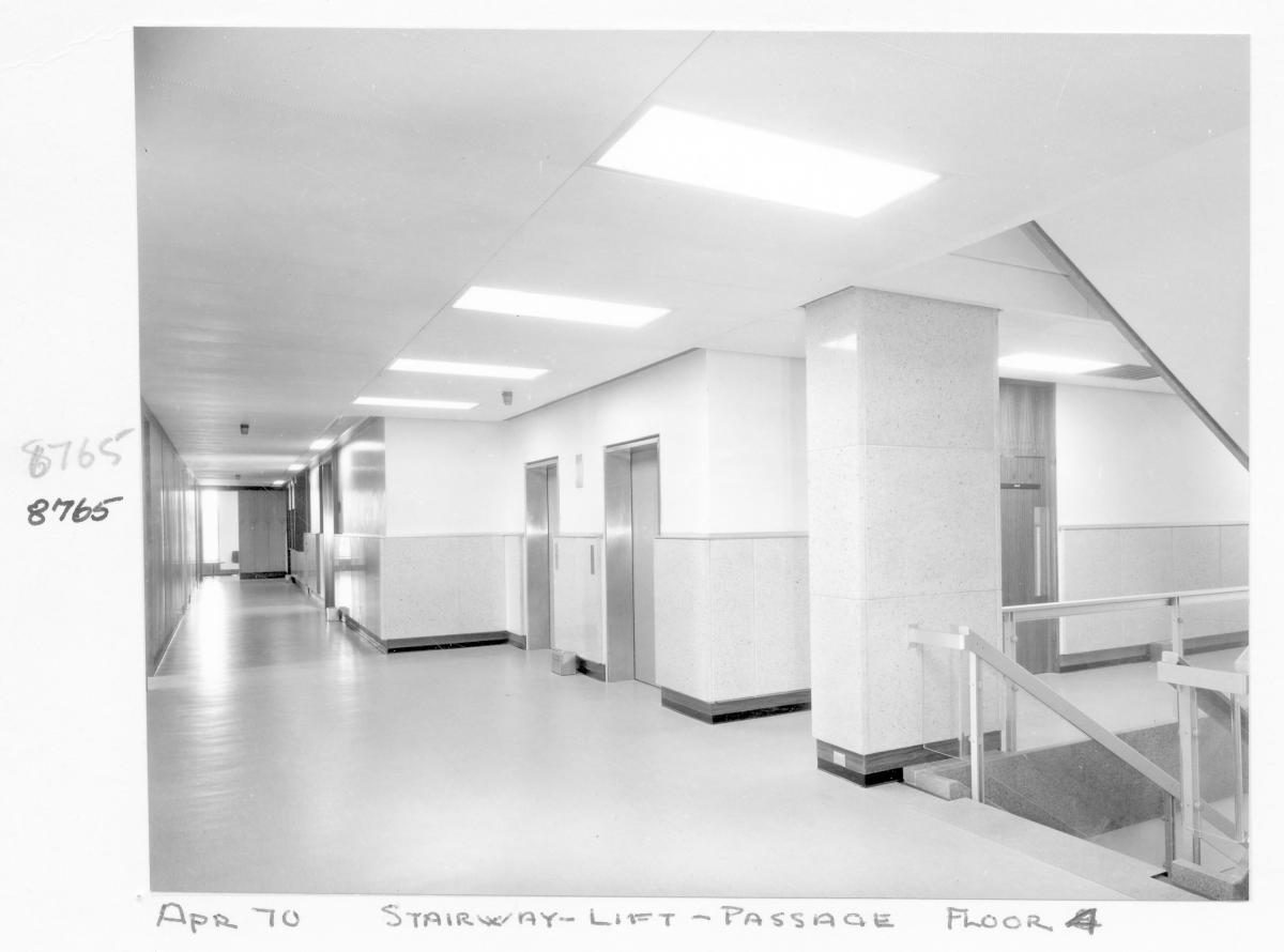 District Court, fourth floor, stairway and lift, George Street, Brisbane, April 1970