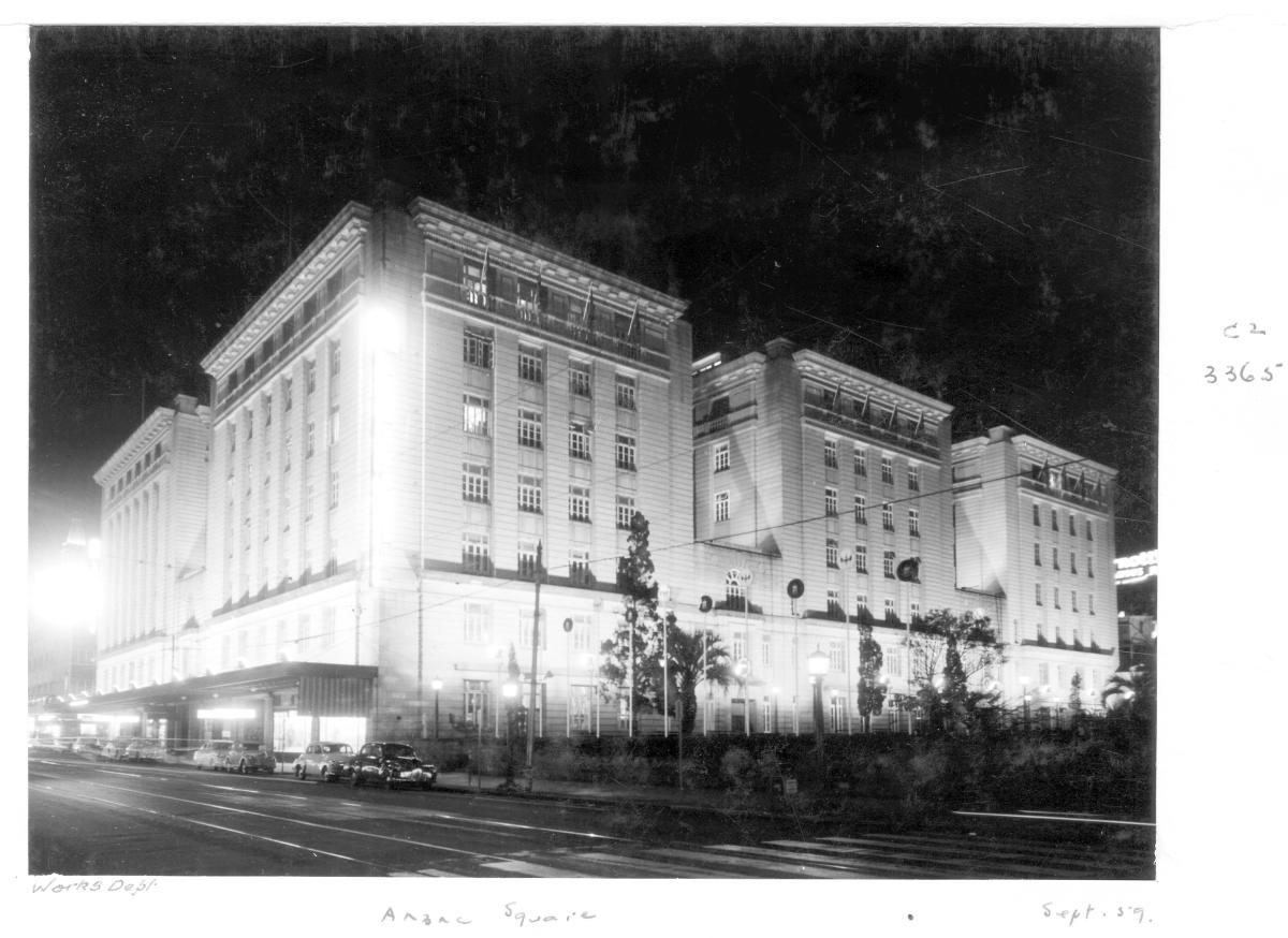 Anzac Square building by night - Brisbane, September 1959