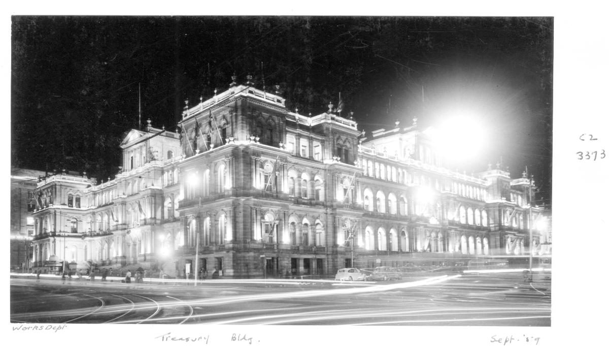 Treasury Building by night - Brisbane, September 1959