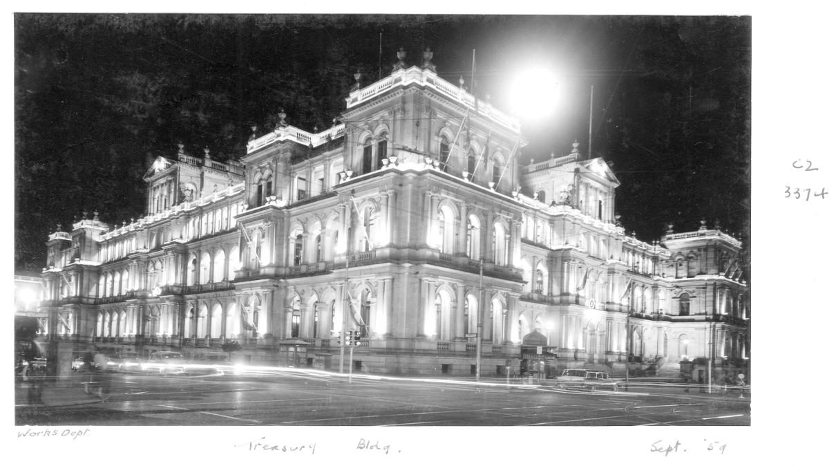 Treasury Building by night - Brisbane, September 1959