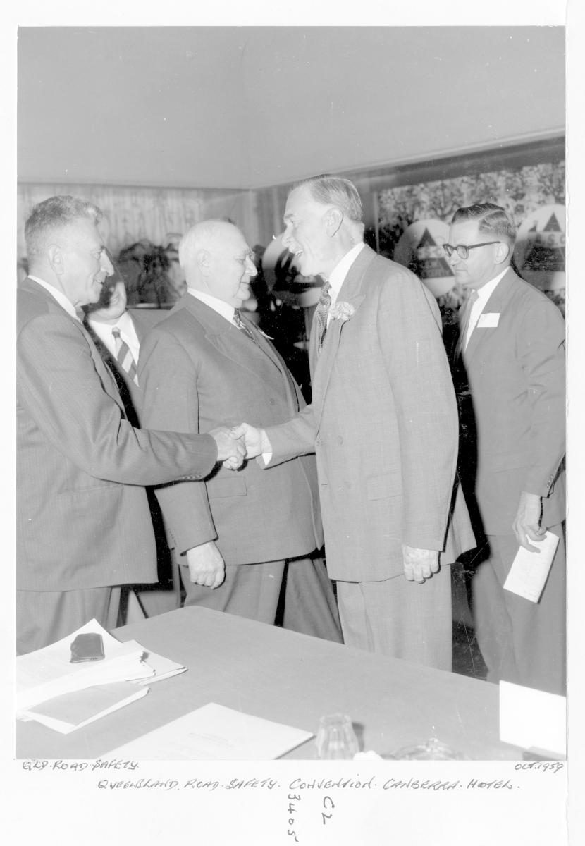 His Excellency the Governor, Sir Henry Abel Smith and the Minister for Transport, Mr G W W Chalk, Road Safety Convention, Canberra Hotel - Brisbane, October 1959