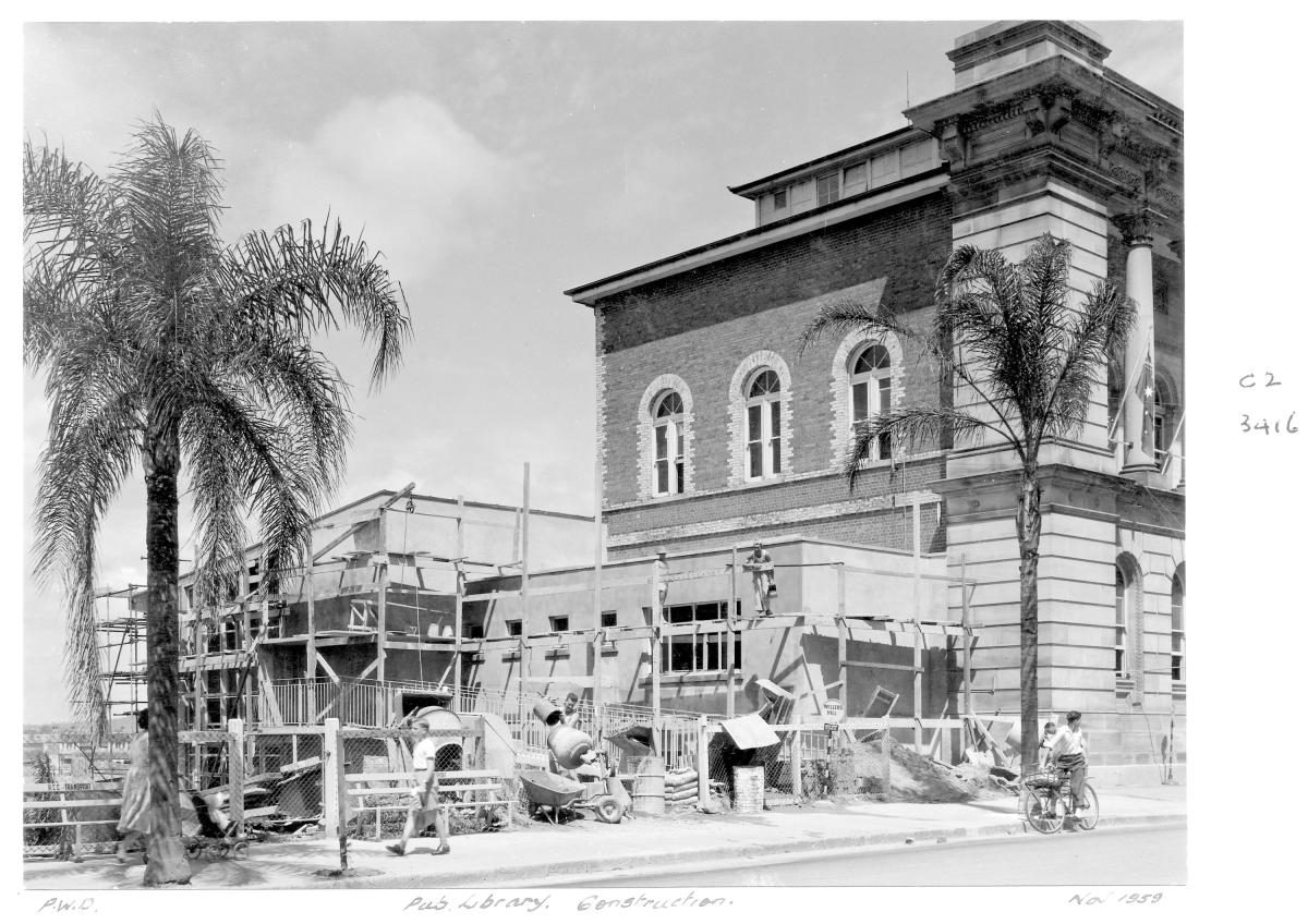 Construction of extensions to the State Library of Queensland on William St - Brisbane, October 1959