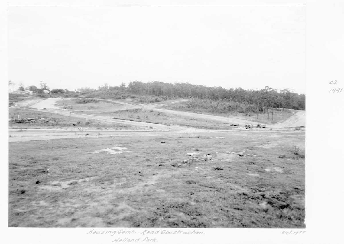 Housing Commission road construction, Holland Park - Brisbane, October 1955
