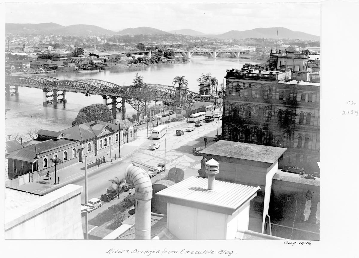Brisbane River and bridges, view from Executive Building - Brisbane, August 1956