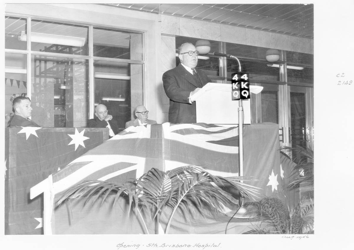The Premier of Queensland, the Hon Vincent Clair Gair speaking at the opening of the South Brisbane Hospital - Brisbane, August 1956
