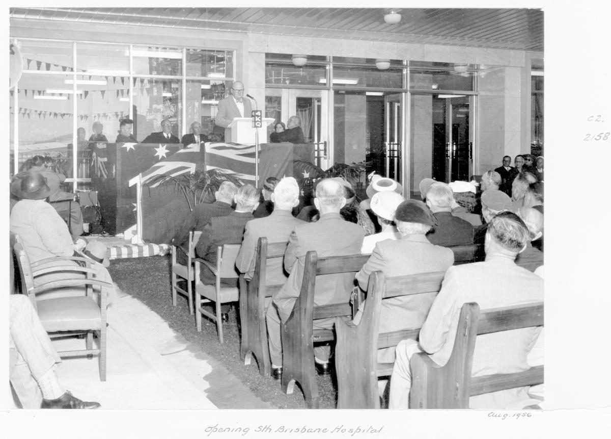 The Queensland Minister for Health, the Hon W M Moore speaking at the opening of the South Brisbane Hospital - Brisbane, August 1956