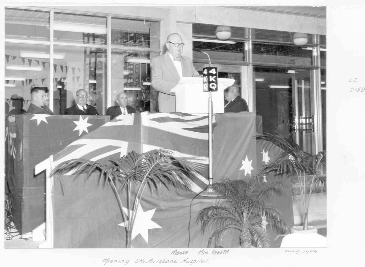 The Queensland Minister for Health, the Hon W M Moore speaking at the opening of the South Brisbane Hospital - Brisbane, August 1956
