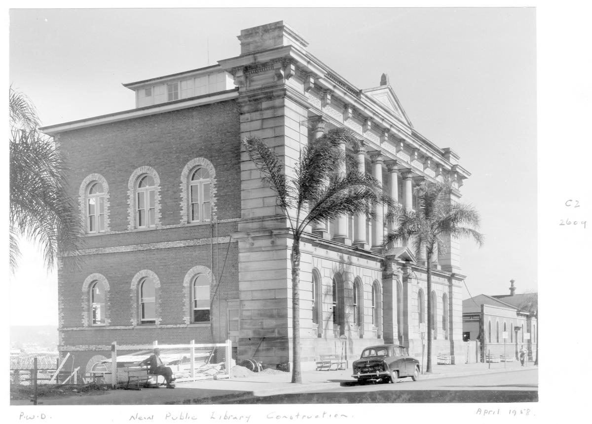 Construction of Centennial Hall, an extension to the State Library of Queensland on William St - Brisbane, April 1958