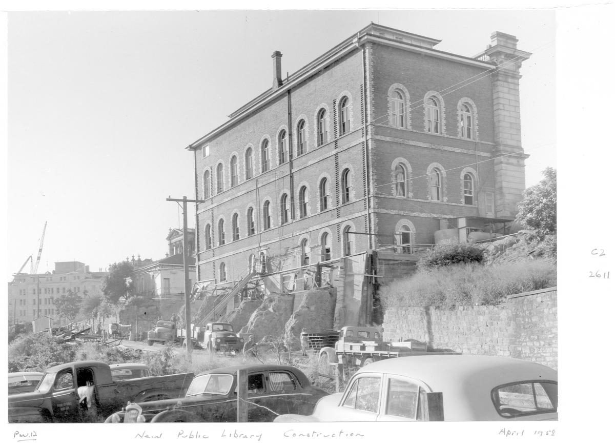 Construction of Centennial Hall, an extension to the State Library of Queensland on William St - Brisbane, April 1958