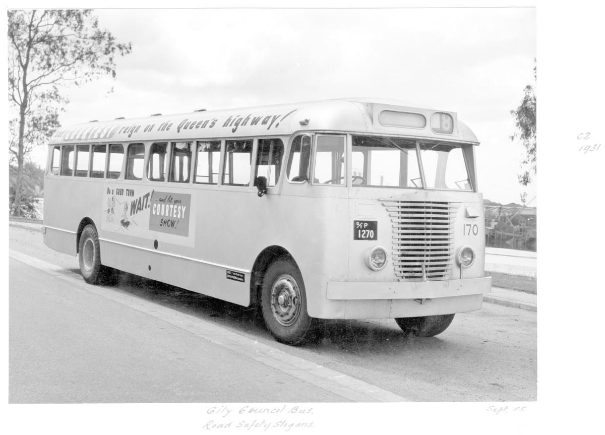 Brisbane City Council bus with road safety slogans - Brisbane, September 1955
