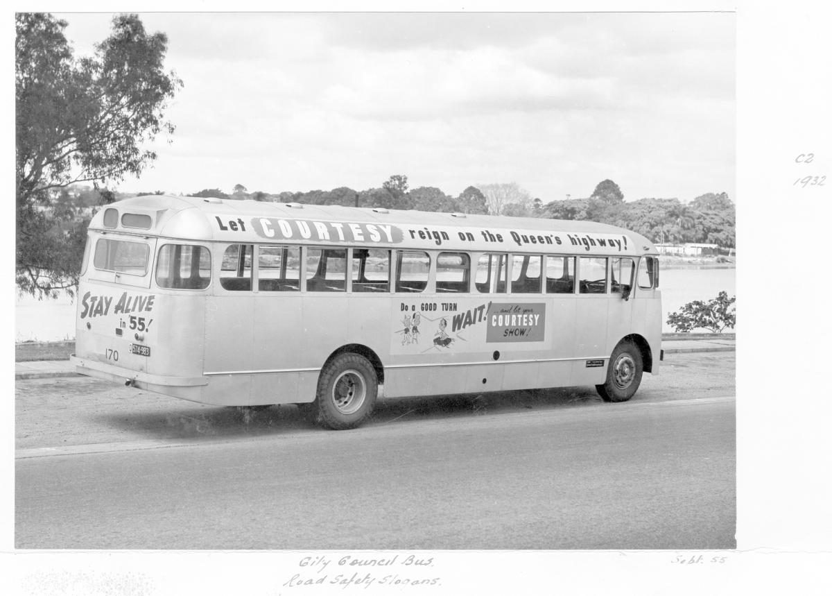 Brisbane City Council bus with road safety slogans - Brisbane, September 1955