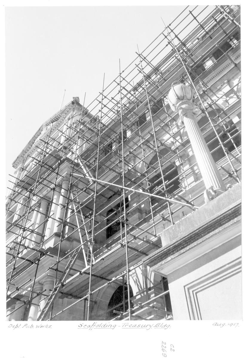 Treasury Building with scaffolding, Brisbane, August 1957