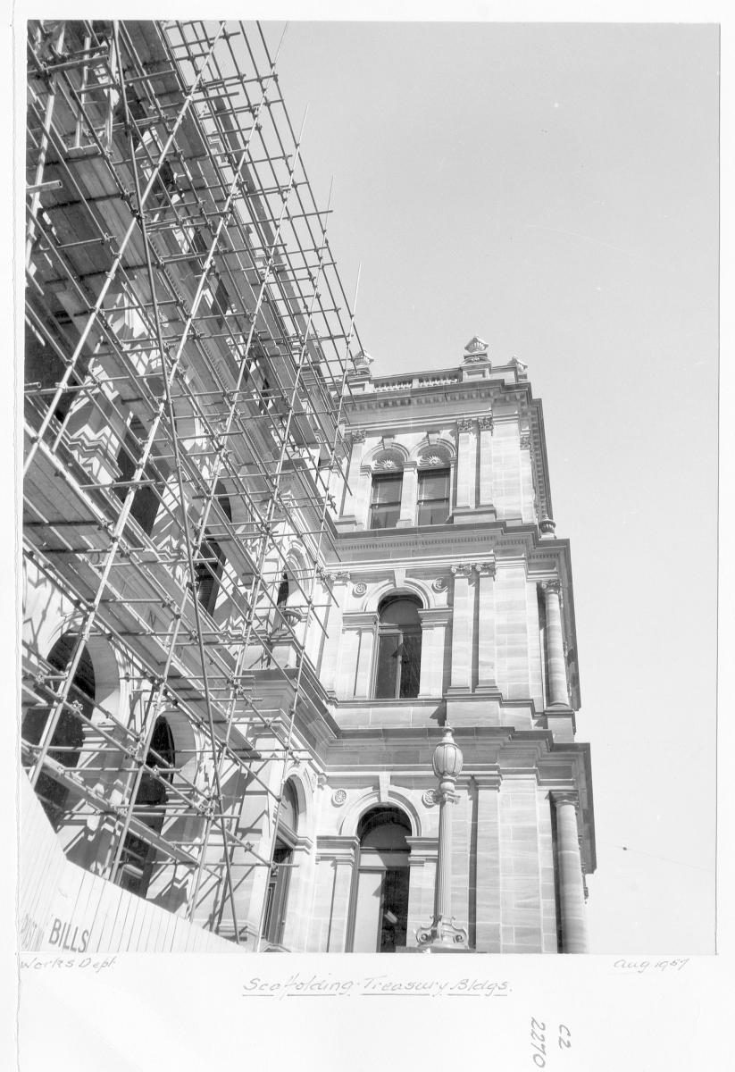 Treasury Building with scaffolding, Brisbane, August 1957